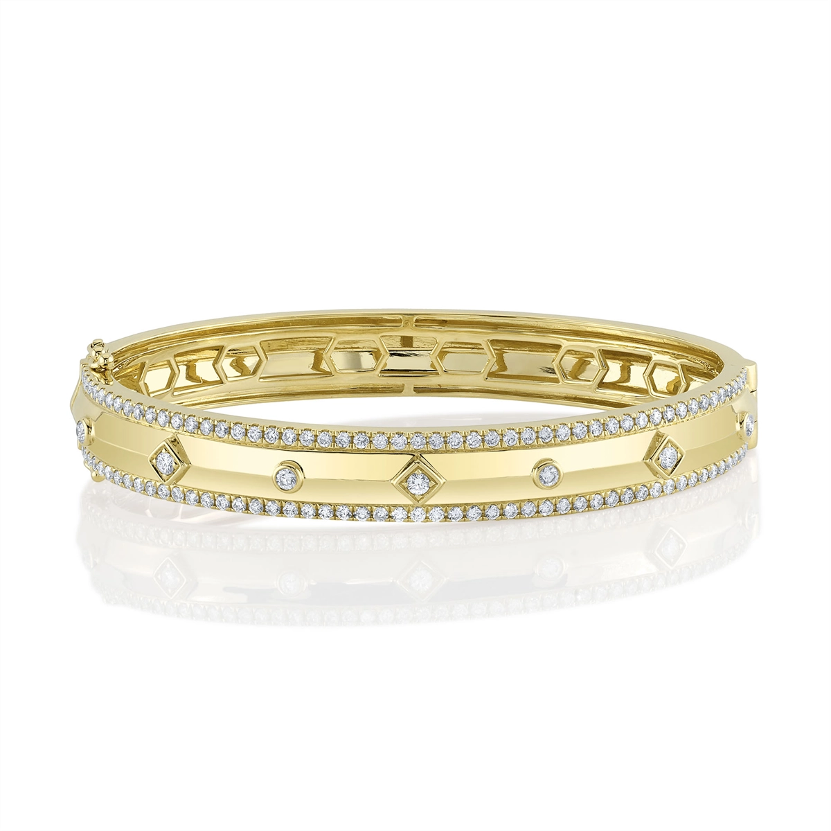 handcrafted raw crystal pendant 14K Yellow Gold Clasped Bangle Bracelet with Diamond Edges and Bezel Set Diamond Center handcrafted raw crystal pendant 14K Yellow Gold Clasped Bangle Bracelet with Diamond Edges and Bezel Set Diamond Center