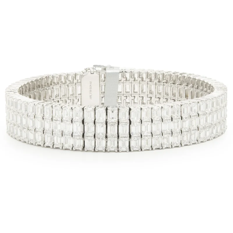 simple snake chain necklace 18 Karat White Gold Three Row Emerald Cut Diamond Bracelet