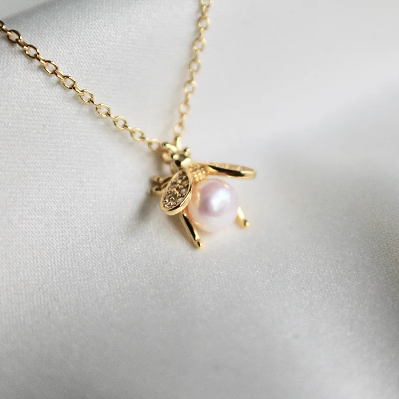 silver Celtic knot necklace Bumble bee pearl necklace