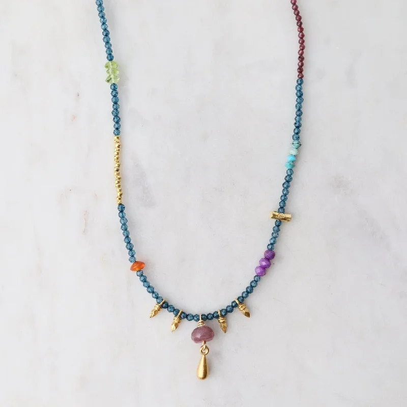 minimalist infinity ring Blue Topaz with Ruby and Gold Gum Drop Necklace