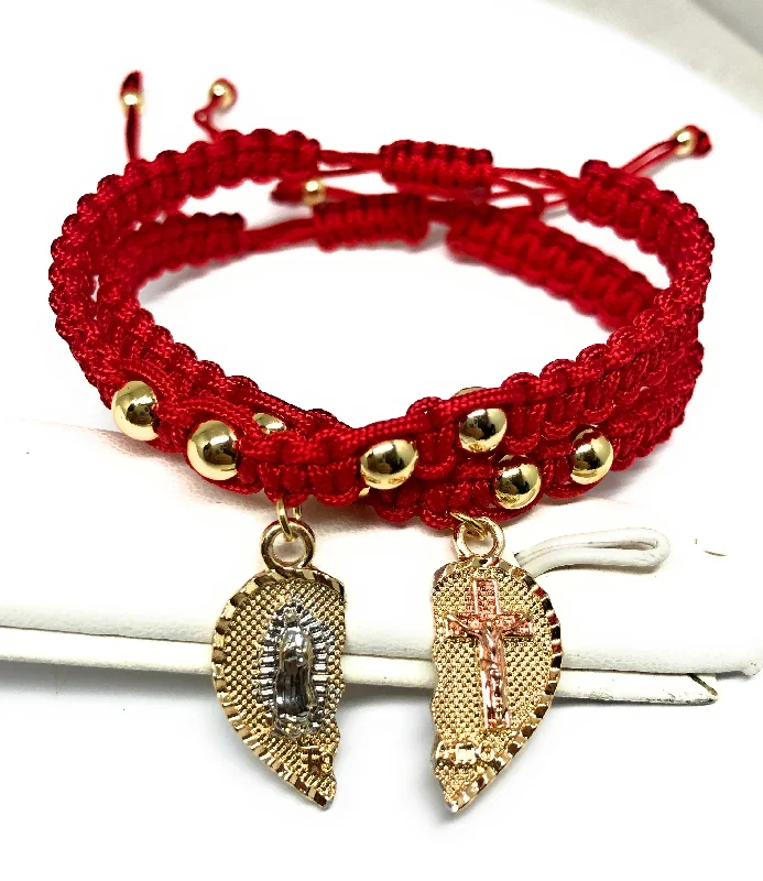 real peridot charm bracelet Gold Plated Tri-Color Virgin Mary & Christ "Te Amo" Heart Split Pendant HAND BRAIDED ADJUSTABLE TWO BRACELET SET 7.5”