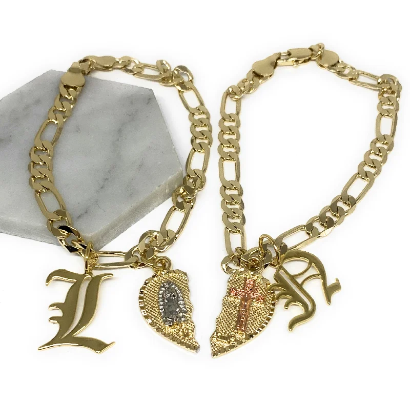 custom silver charm bracelet GOLD PLATED TRI-COLOR VIRGIN MARY & CHRIST "TE AMO" HEART SPLIT PENDANT & OLD ENGLISH INITIAL LETTER TWO BRACELET SET 7.5” custom silver charm bracelet GOLD PLATED TRI-COLOR VIRGIN MARY & CHRIST "TE AMO" HEART SPLIT PENDANT & OLD ENGLISH INITIAL LETTER TWO BRACELET SET 7.5”