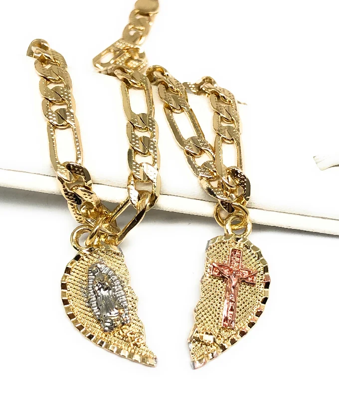 chunky statement cuff bracelet Gold Plated Tri-Color Virgin Mary & Christ "Te Amo" Heart Split Pendant TWO BRACELET SET 7.5” chunky statement cuff bracelet Gold Plated Tri-Color Virgin Mary & Christ "Te Amo" Heart Split Pendant TWO BRACELET SET 7.5”