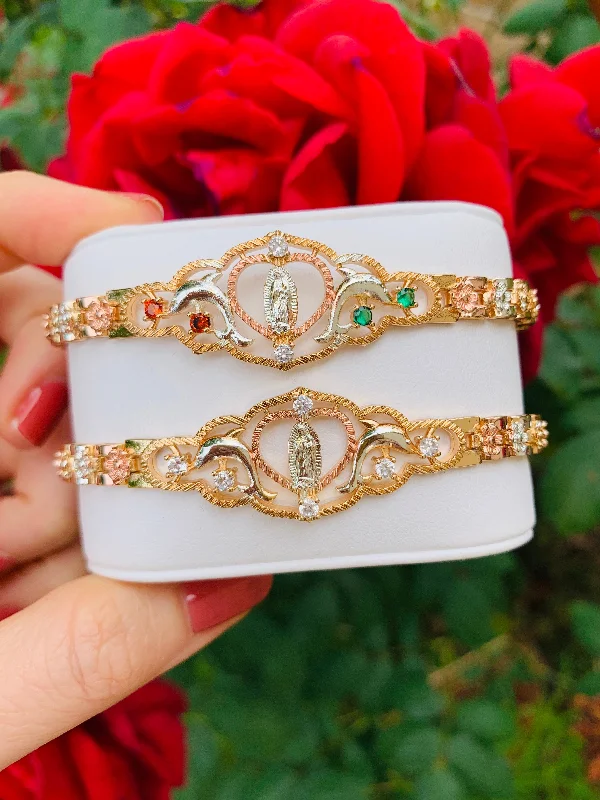 vintage Victorian brooch pin Gold Plated Tri-Color Virgin Mary Dolphin Heart Bracelet Virgen De Guadalupe Pulsera 8" vintage Victorian brooch pin Gold Plated Tri-Color Virgin Mary Dolphin Heart Bracelet Virgen De Guadalupe Pulsera 8"