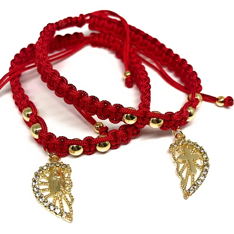 handcrafted gemstone toe ring Gold Plated Virgin Mary & Cross Heart Split Pendant HAND BRAIDED ADJUSTABLE TWO BRACELET SET 7.5” handcrafted gemstone toe ring Gold Plated Virgin Mary & Cross Heart Split Pendant HAND BRAIDED ADJUSTABLE TWO BRACELET SET 7.5”
