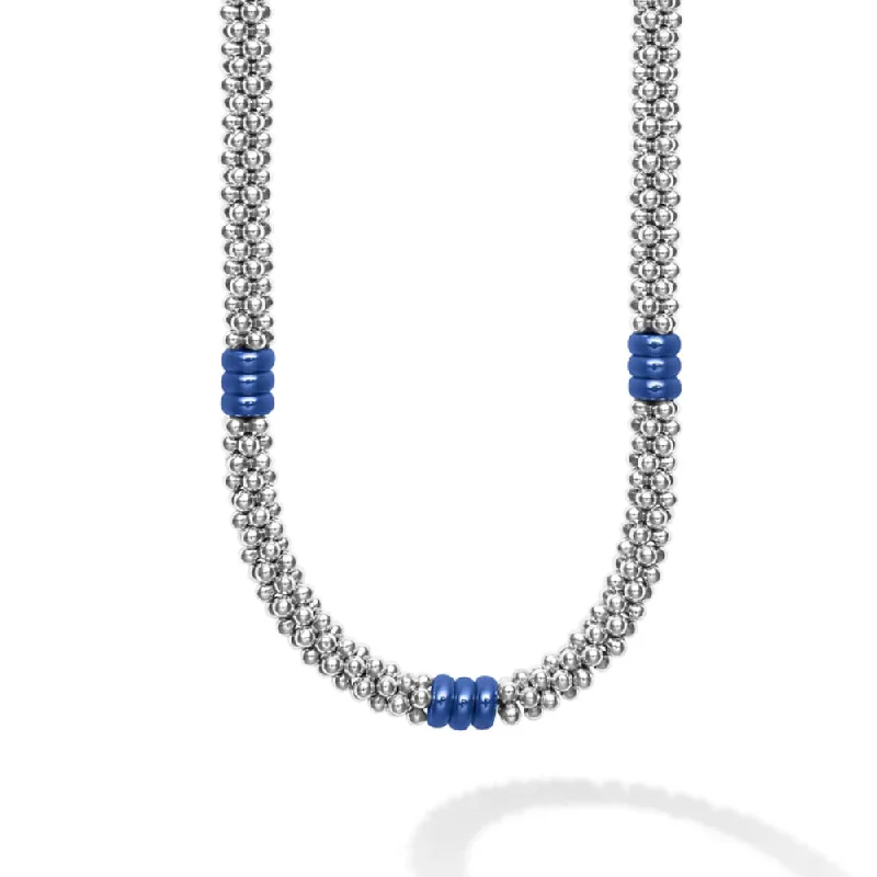 thin silver chain necklace Lagos Blue Caviar Ultramarine Three Bead Station Necklace