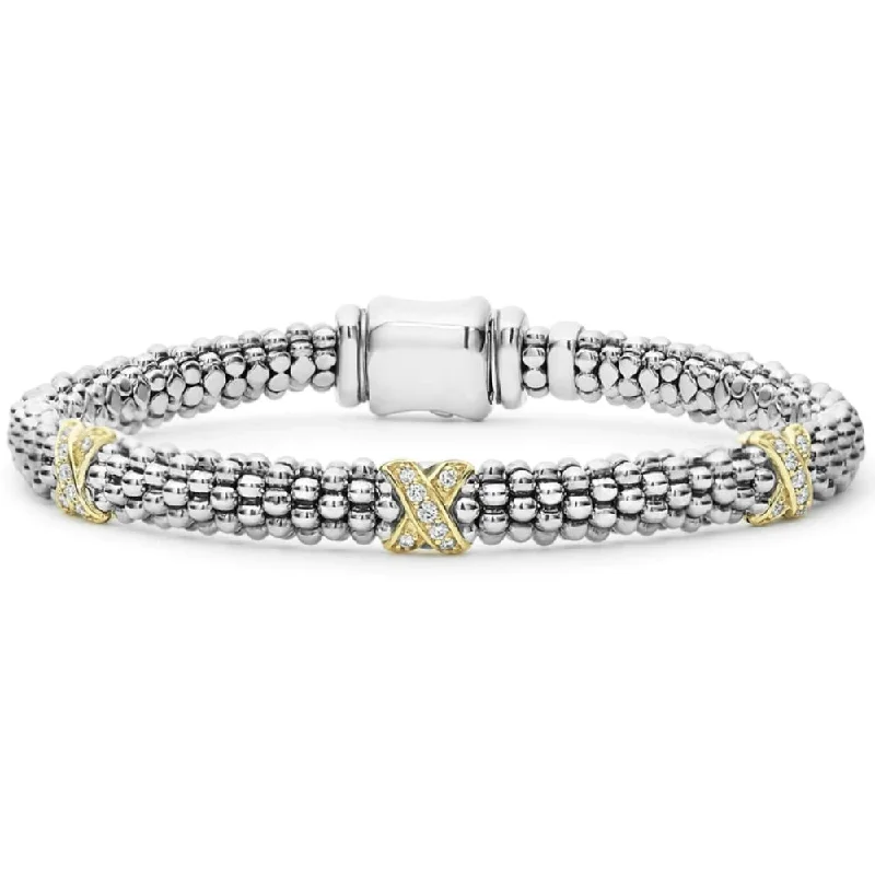 bohemian gemstone choker Lagos Three Station Gold X Diamond Caviar Bracelet