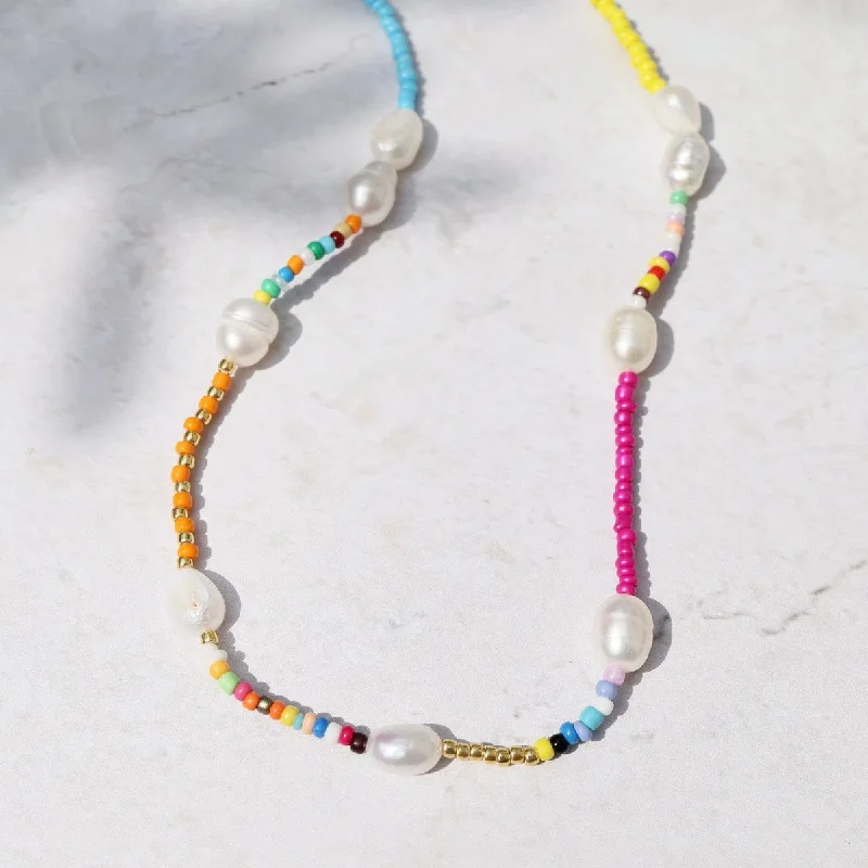 layered gold coin pendant necklace Freshwater Pearl Beaded Colorful Rainbow Necklace