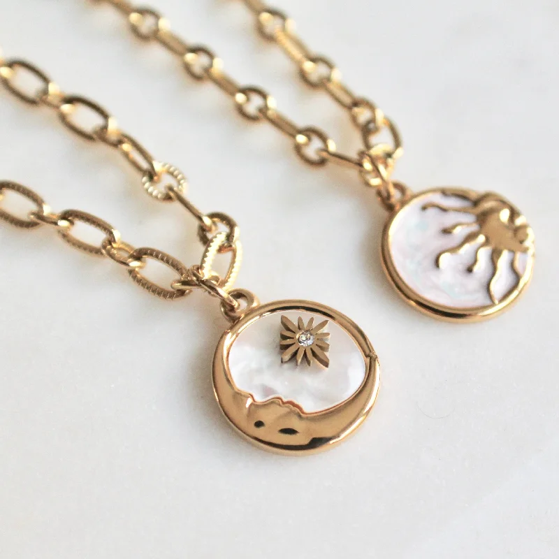 infinity necklace with birthstones Mother of Pearl Moon and Sun necklace