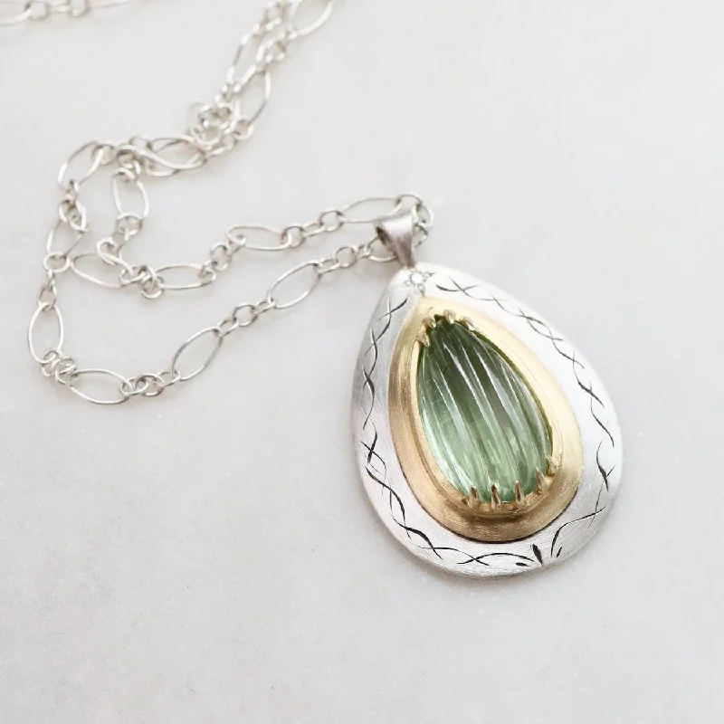 handcrafted crystal quartz ring One of a Kind Light Green Tourmaline Claw Set 18k & Sterling Silver Necklace