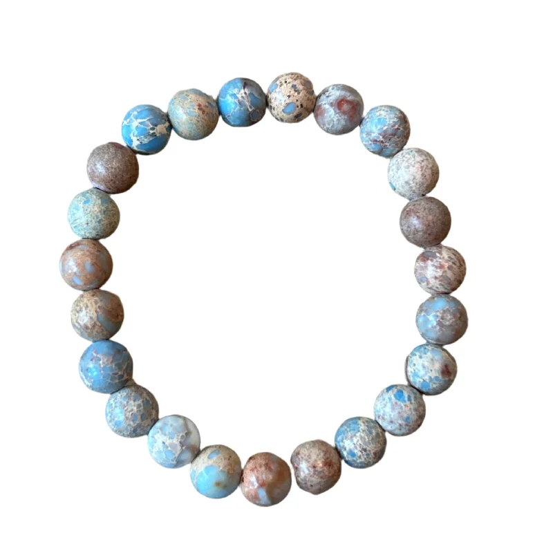 infinity couple’s ring matching set Carolina Blue Sea Sediment Jasper 8mm Bracelet