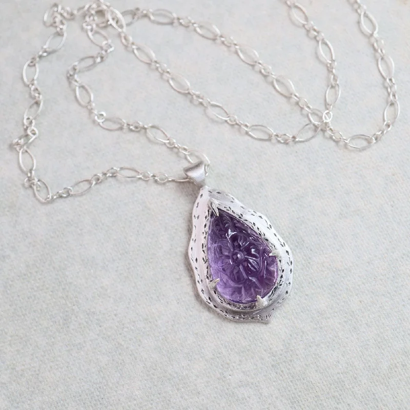 rose gold snake chain bracelet One of a Kind Claw Set Floral Carved Amethyst Necklace