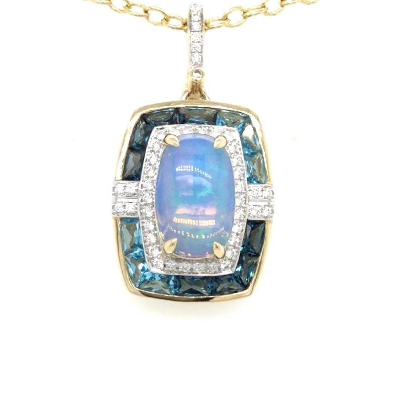 modern geometric gold ring 14K Yellow Opal, Blue Topaz and Natural Diamond Pendant modern geometric gold ring 14K Yellow Opal, Blue Topaz and Natural Diamond Pendant
