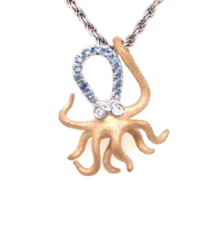 handmade braided leather necklace 14K Yellow & White Blue Sapphire and Natural Diamond Octopus Pendant handmade braided leather necklace 14K Yellow & White Blue Sapphire and Natural Diamond Octopus Pendant
