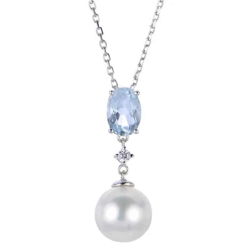 thin silver chain necklace 18 inch Fresh Water Pearl, Aquamarine and Natural Diamond Necklace 14K White Gold thin silver chain necklace 18 inch Fresh Water Pearl, Aquamarine and Natural Diamond Necklace 14K White Gold
