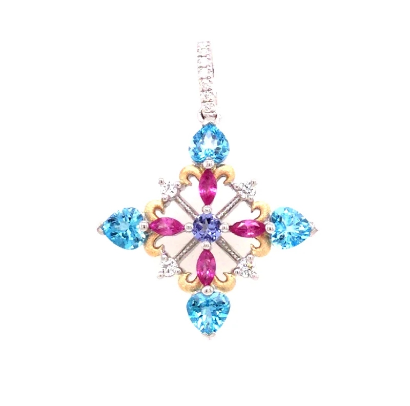 natural crystal pendant necklace 18K Yellow & White Blue Topaz, Ruby, Tanzanite and Natural Diamond Pendant natural crystal pendant necklace 18K Yellow & White Blue Topaz, Ruby, Tanzanite and Natural Diamond Pendant