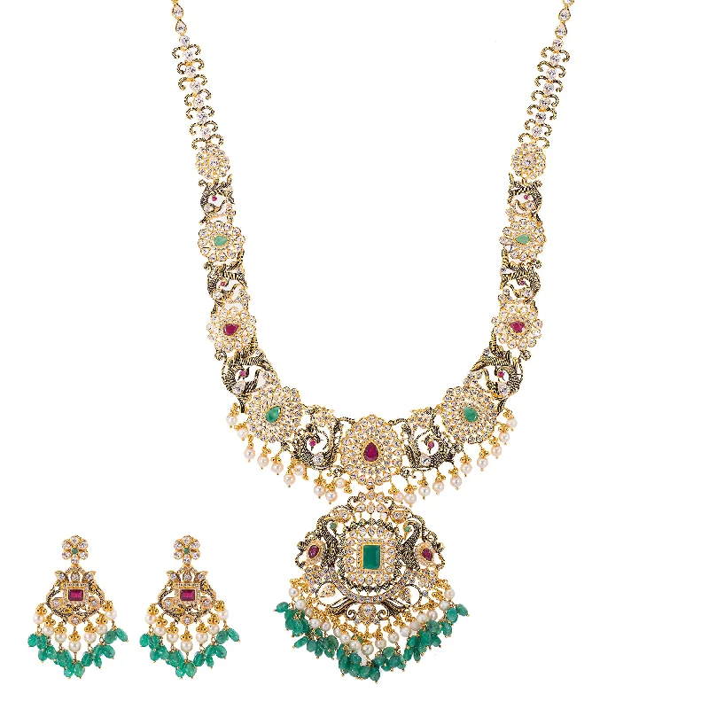 wide gold cuff bracelet 22K Antique Gold, CZ, Ruby, Pearl & Emerald Peacock Jewelry Set (158.5gm)