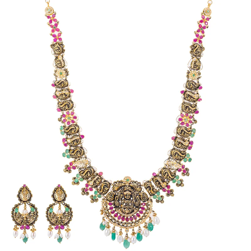 sapphire engagement ring halo 22K Antique Gold, CZ, Ruby, Pearl & Emerald Temple Jewelry Set (84.1 grams)