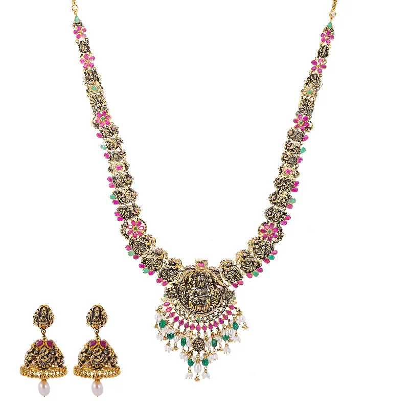 emerald gemstone earrings 22K Antique Gold, CZ, Ruby, Pearl & Emerald Temple Jewelry Set (86.5gm)