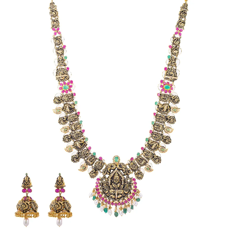 celestial moon and star necklace 22K Antique Gold, CZ, Ruby, Pearl & Emerald Temple Jewelry Set (87.9gm) celestial moon and star necklace 22K Antique Gold, CZ, Ruby, Pearl & Emerald Temple Jewelry Set (87.9gm)