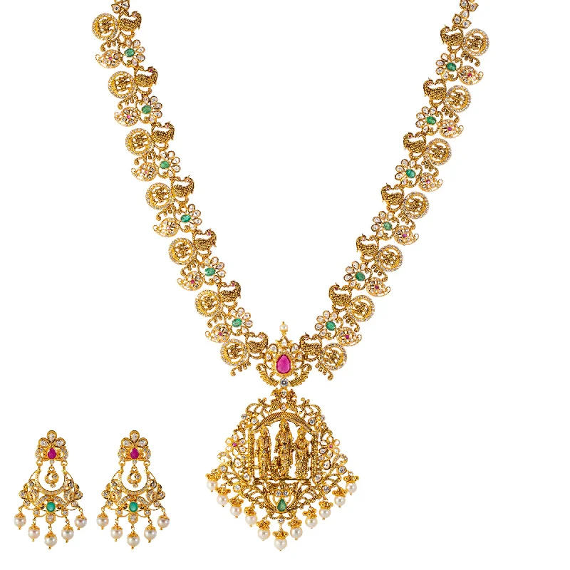 adjustable charm necklace 22k Yellow Gold Temple Necklace Set w/ Gemstones & Pearls (130.6gm) adjustable charm necklace 22k Yellow Gold Temple Necklace Set w/ Gemstones & Pearls (130.6gm)
