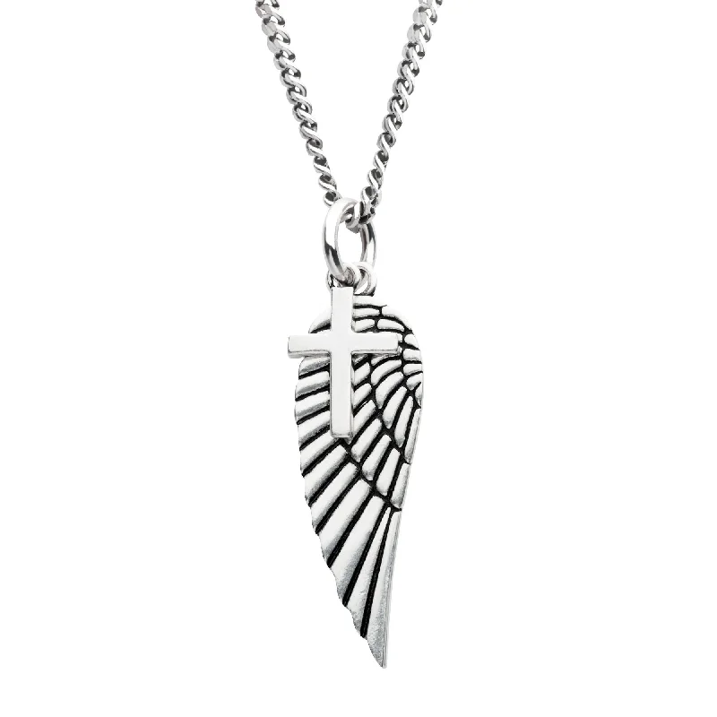 real tiger’s eye bead bracelet Silver Oxidized Cross & Angel Wing Necklace