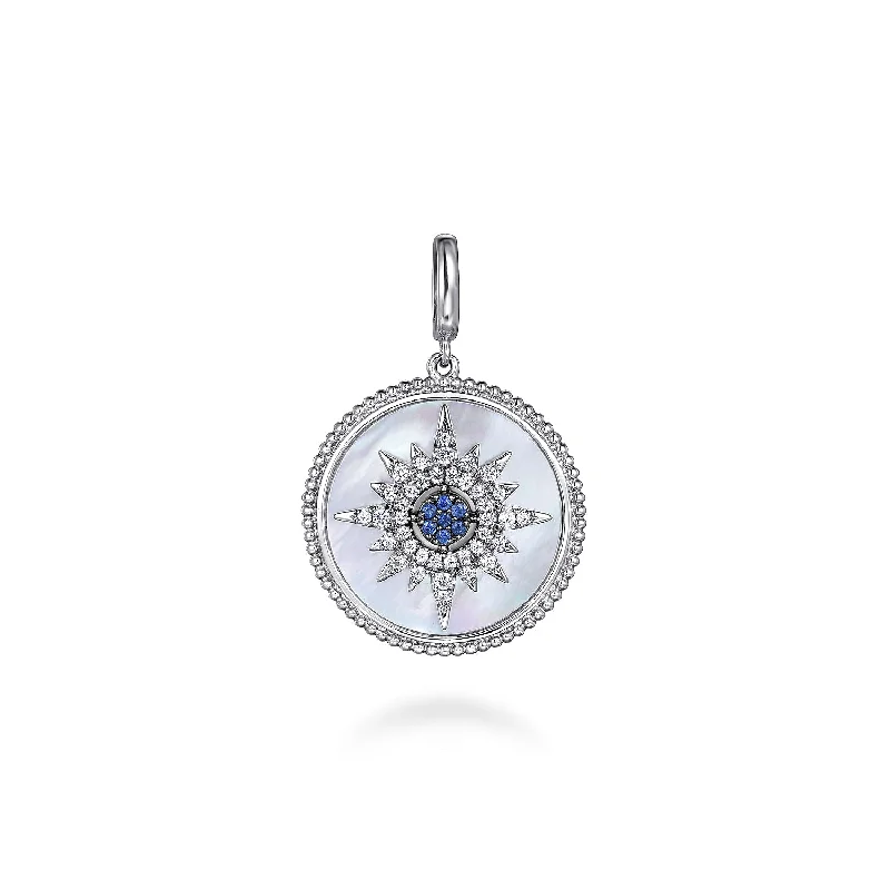 elegant art deco necklace Sterling Silver Mother of Pearl Sapphire Medallion Pendant elegant art deco necklace Sterling Silver Mother of Pearl Sapphire Medallion Pendant
