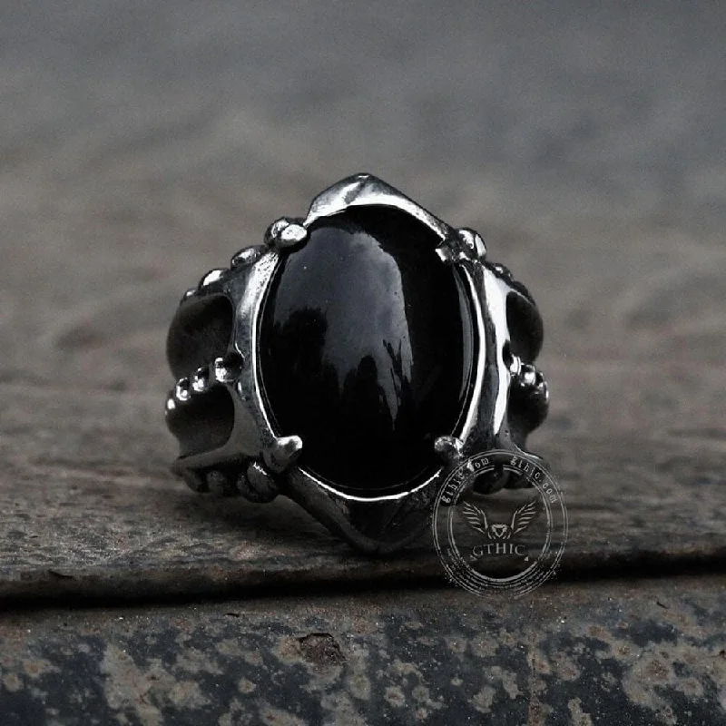 sleek black titanium ring Black Agate Stainless Steel Punk Gothic Ring