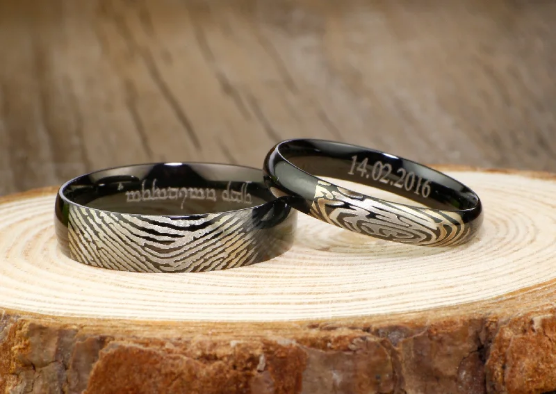 unique tribal silver ring Your Actual Finger Print Rings, His and Her Promise Rings - Black Wedding Titanium Rings Set unique tribal silver ring Your Actual Finger Print Rings, His and Her Promise Rings - Black Wedding Titanium Rings Set