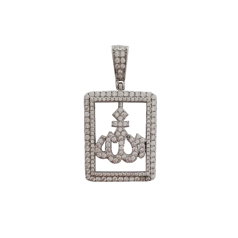 minimal diamond bar necklace Iced-Out Framed Allah CZ Pendant (Silver)