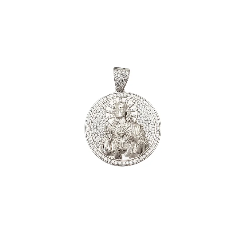 gold daisy stud earrings Iced-Out Jesus Round CZ Pendant (Silver)