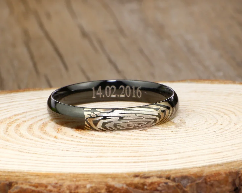 personalized ring with name Your Actual Finger Print Rings, PROMISE RING - Black Titanium Rings 4mm personalized ring with name Your Actual Finger Print Rings, PROMISE RING - Black Titanium Rings 4mm