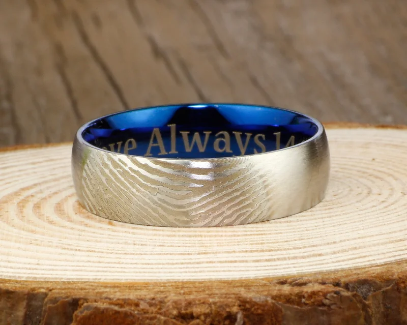 custom engraved wedding band Your Actual Finger Print Rings, Handmade Men Dome RINGS - Two Tone Blue Titanium Rings 7mm