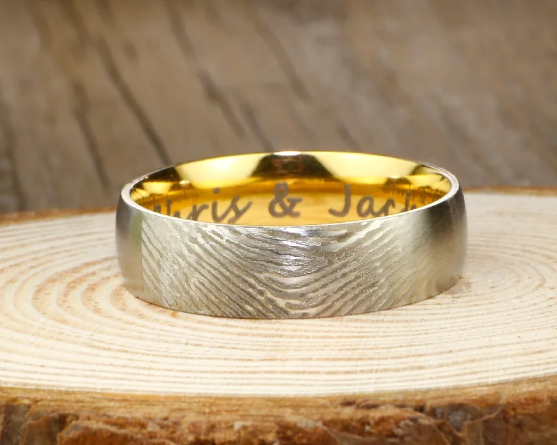 emerald cut diamond wedding ring Your Actual Finger Print Rings, Handmade Men Dome RINGS - Two Tone Gold Titanium Rings 7mm
