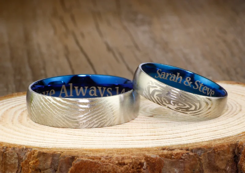 bold chunky cocktail ring Your Actual Finger Print Rings, His and Her Rings, WEDDING RING -- Personalized Matt Two Tone Blue Wedding Titanium Rings Set bold chunky cocktail ring Your Actual Finger Print Rings, His and Her Rings, WEDDING RING -- Personalized Matt Two Tone Blue Wedding Titanium Rings Set