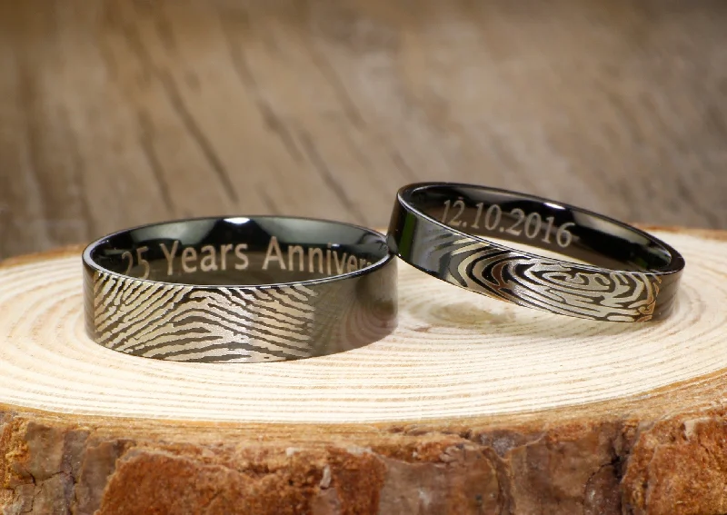 delicate marquise diamond band Black Actual Finger Print Rings, His and Hers Matching Polish Wedding Bands Rings 6mm and 4mm Wide Titanium Rings Set delicate marquise diamond band Black Actual Finger Print Rings, His and Hers Matching Polish Wedding Bands Rings 6mm and 4mm Wide Titanium Rings Set