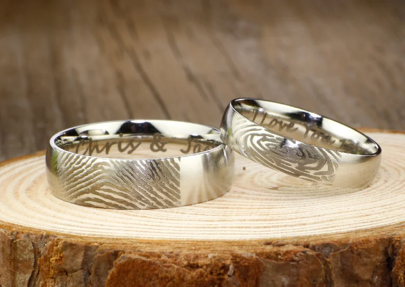 adjustable silver cuff bracelet Your Actual Finger Print Rings, Custom Gifts His and Her Promise Rings  - Matt Silver Wedding Titanium Rings Set
