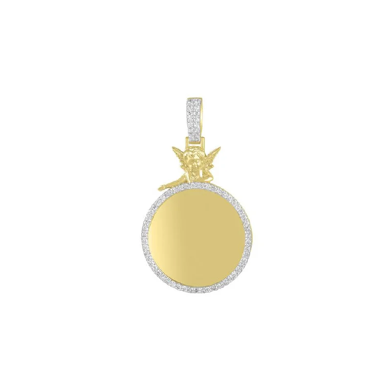 minimalist gold crescent moon necklace Diamond Round With Angel Picture Pendant (14K)