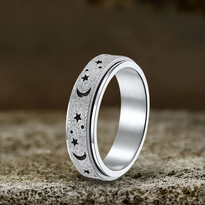 men’s black diamond cufflinks Frosted Hollow Star Moon Stainless Steel Spinner Ring