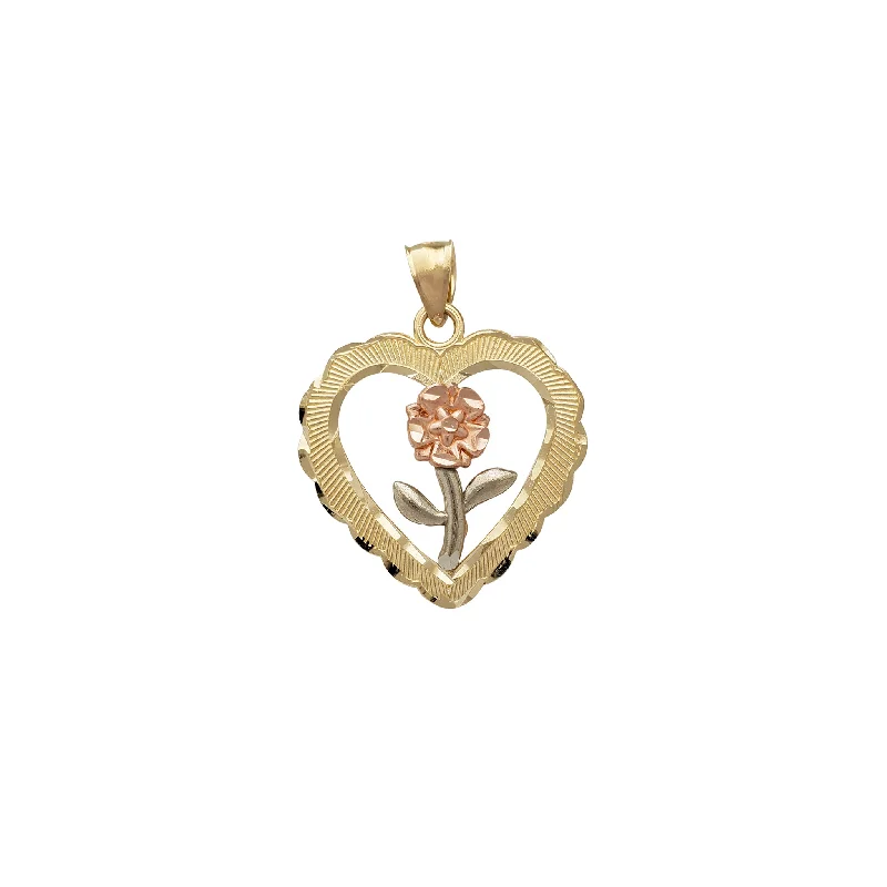 minimalist horseshoe necklace gold Heart Shape Framed Long Stem Rose Pendant (14K)