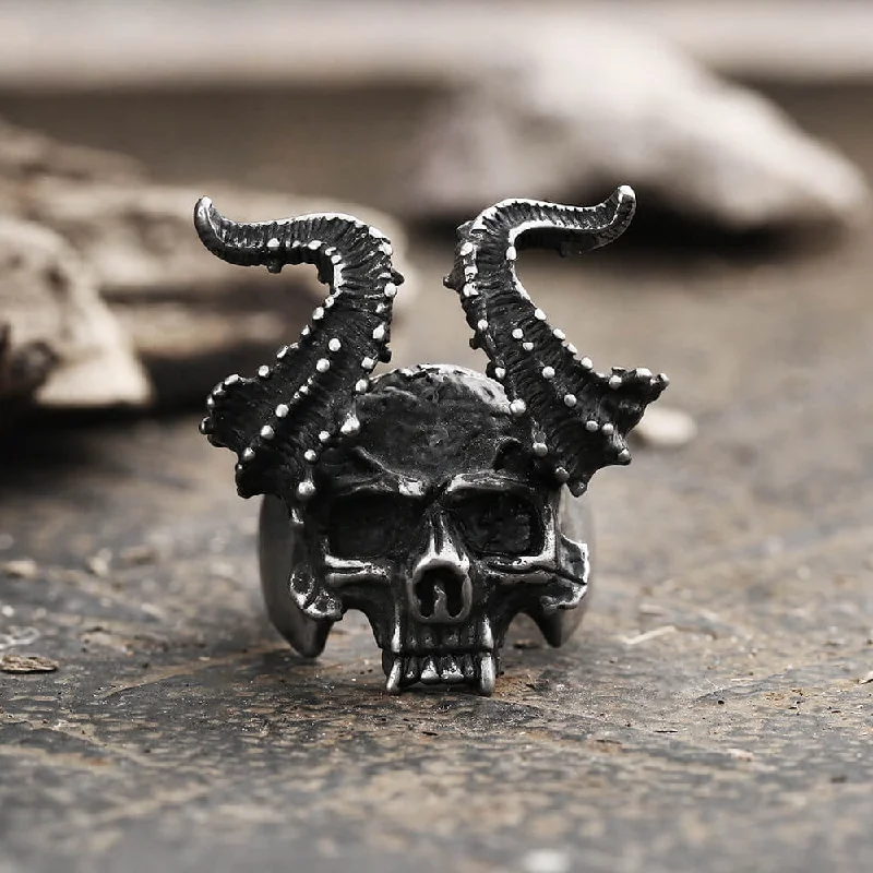 emerald gemstone earrings Horned Satan Devil Skull Stainless Steel Ring