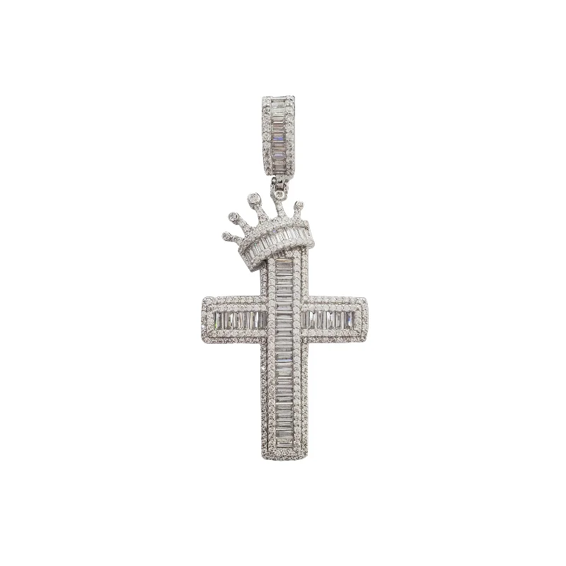 silver wave ring dainty Iced-Out Cross with Crown Pendant (Silver)