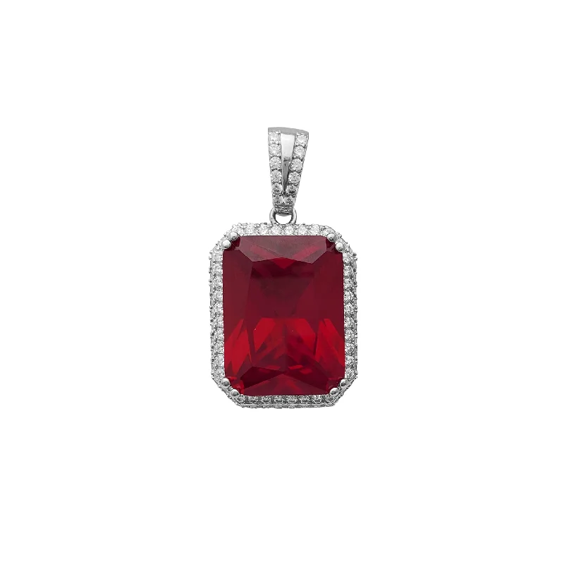 personalized name ring [July] Zirconia Red Emerald Cut Birth-Stone Pendant (Silver)