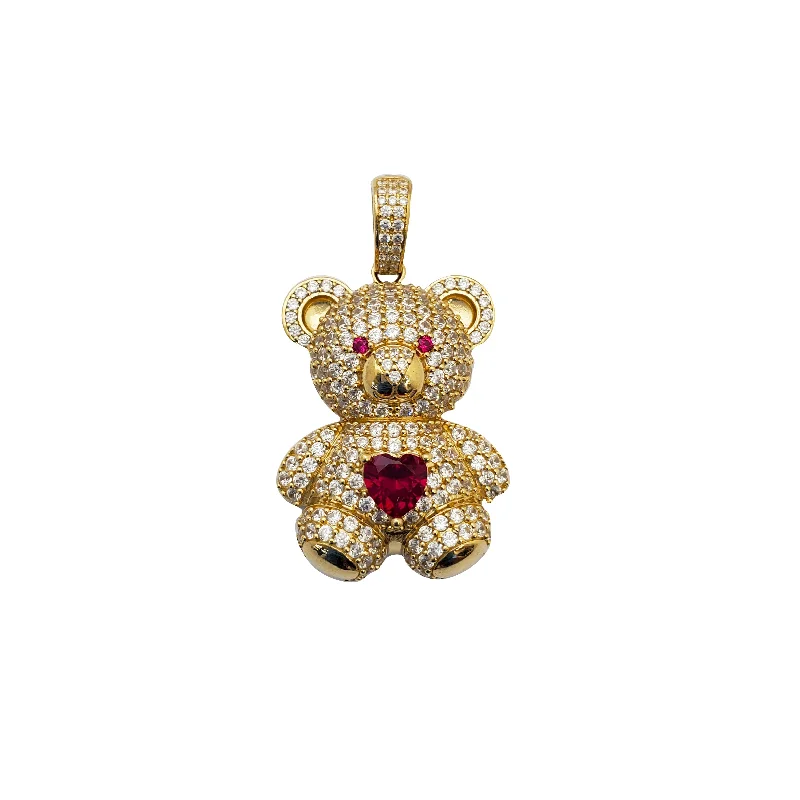 gold choker necklace simple Red Cubic Zirconia Iced-Out Teddy Bear Pendant (14K)