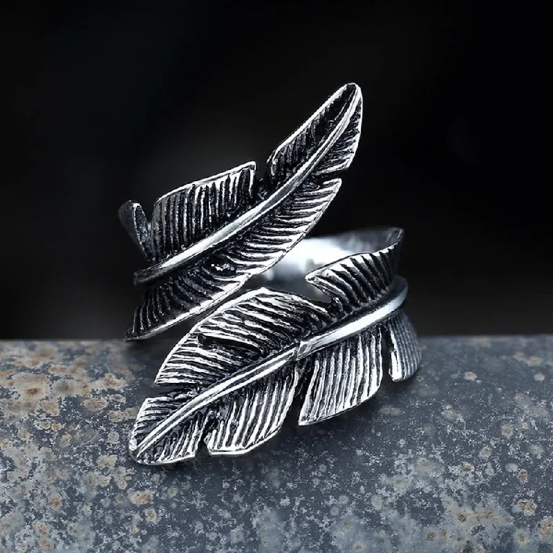 crystal-studded gold ring Retro Feather Stainless Steel Ring