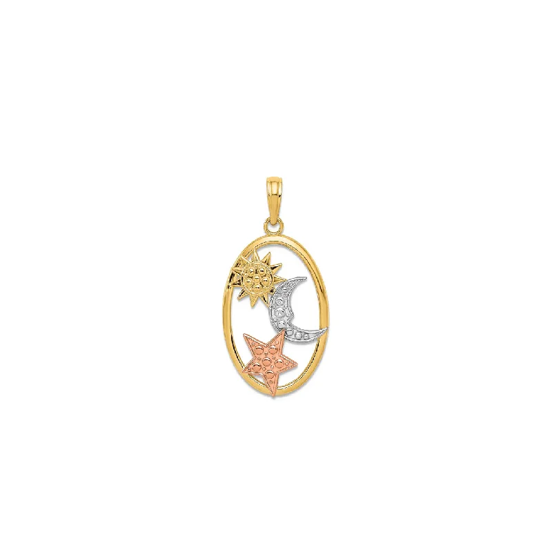 engraved pendant necklace Tricolor Moon Sun and Star Pendant (14K)