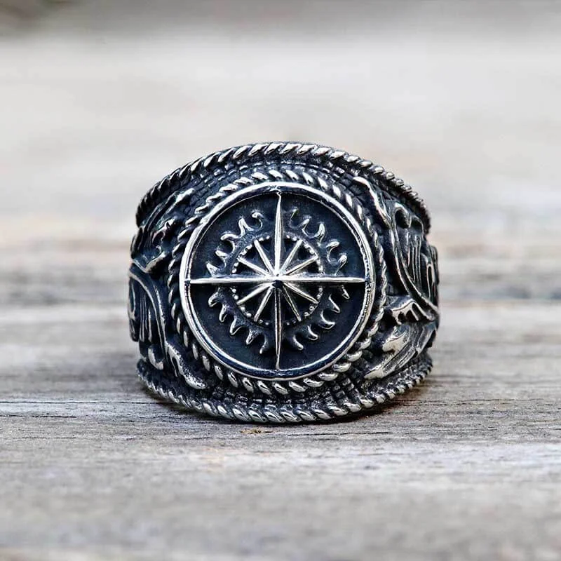 rose quartz bracelet healing Vintage Compass Stainless Steel Marine Ring