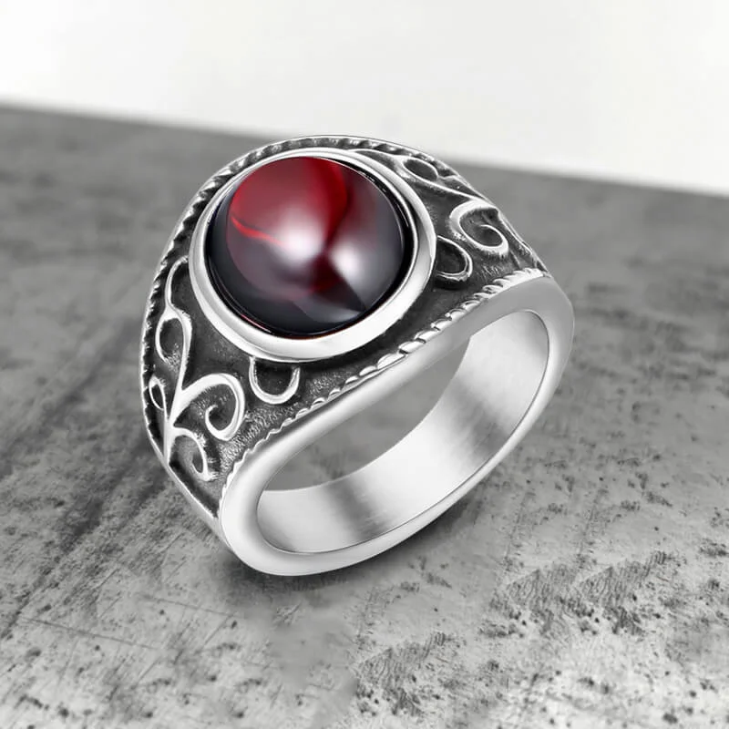 vintage art deco engagement ring Vintage Engraved Flowers Ruby Stainless Steel Ring