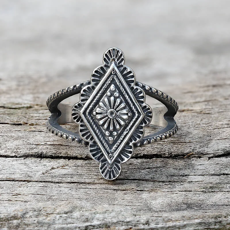 pearl and silver bracelet Vintage Geometric Bohemian Pattern Stainless Steel Ring