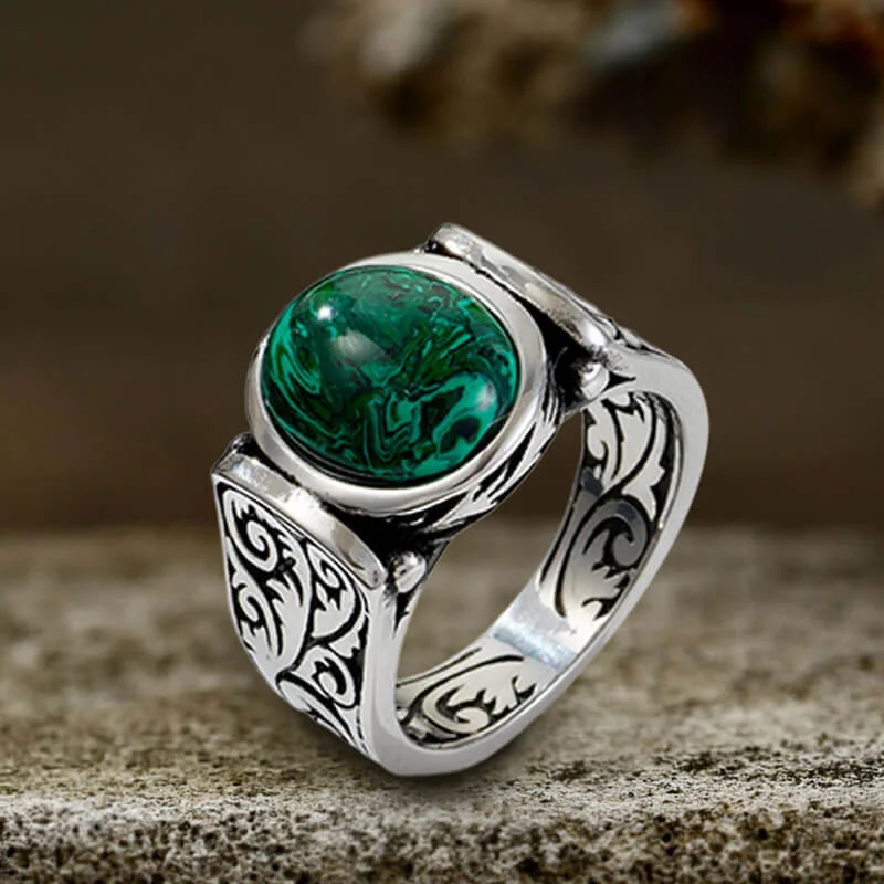 thin silver chain necklace Vintage Malachite Inlaid Stainless Steel Gemstone Ring